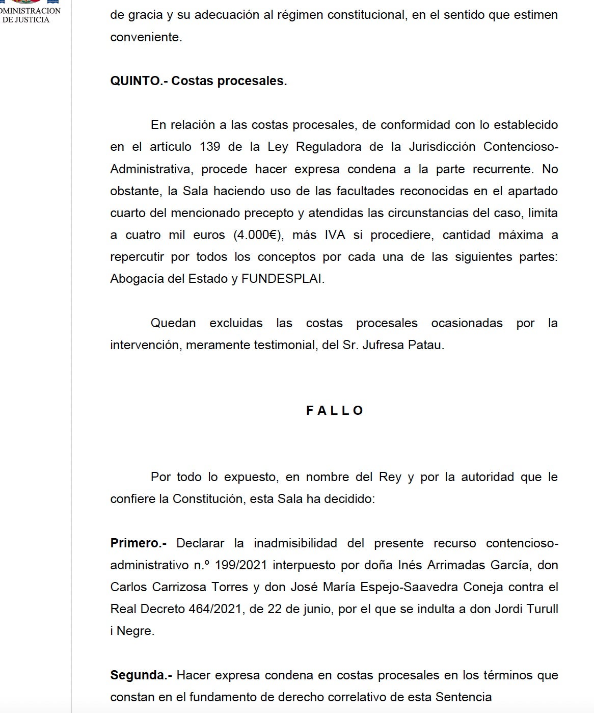Part de la resolució que condemna a pagar 4.000 euros en costes a Inés Arrimadas per haver interposat un recurs contra els indults/Quico Sallés