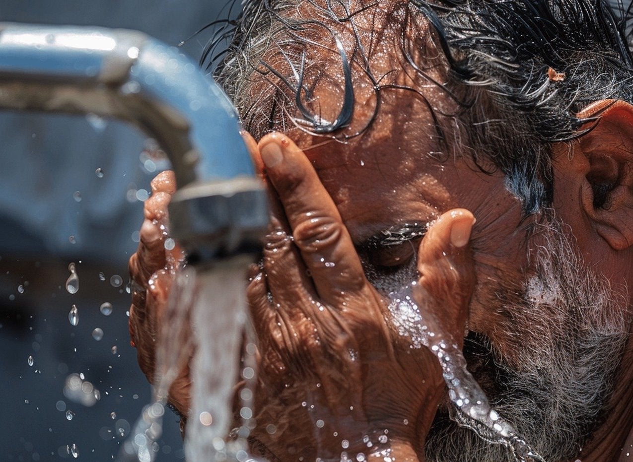Un home es mulla la cara en una aixeta que raja amb tota la potència per resistir la calor d'estiu / Pixabay