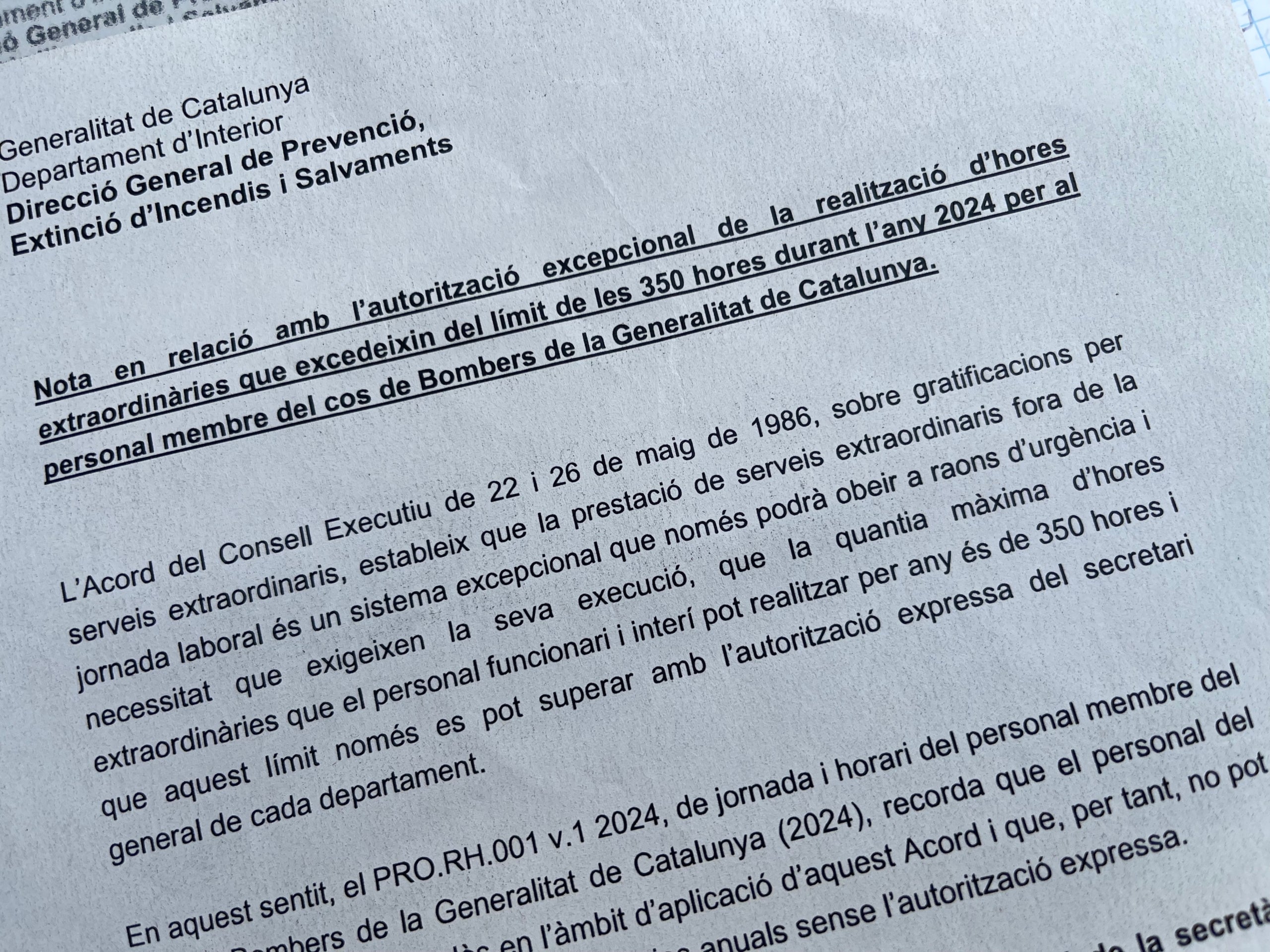El document d'Interior que permet fer més hores extraordinàries