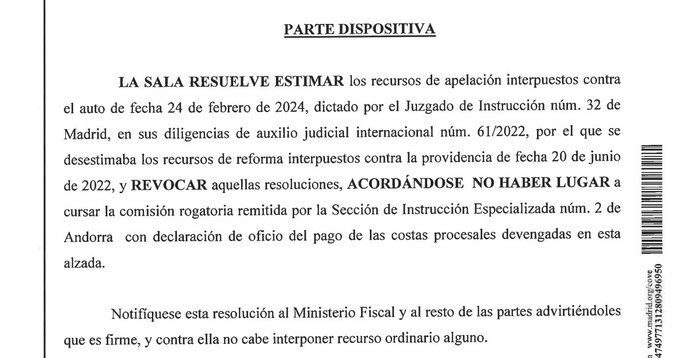 La part dispositiva de la sentència que impedeix Andorra investigar la trama al Principat de l'Operació Catalunya/QS