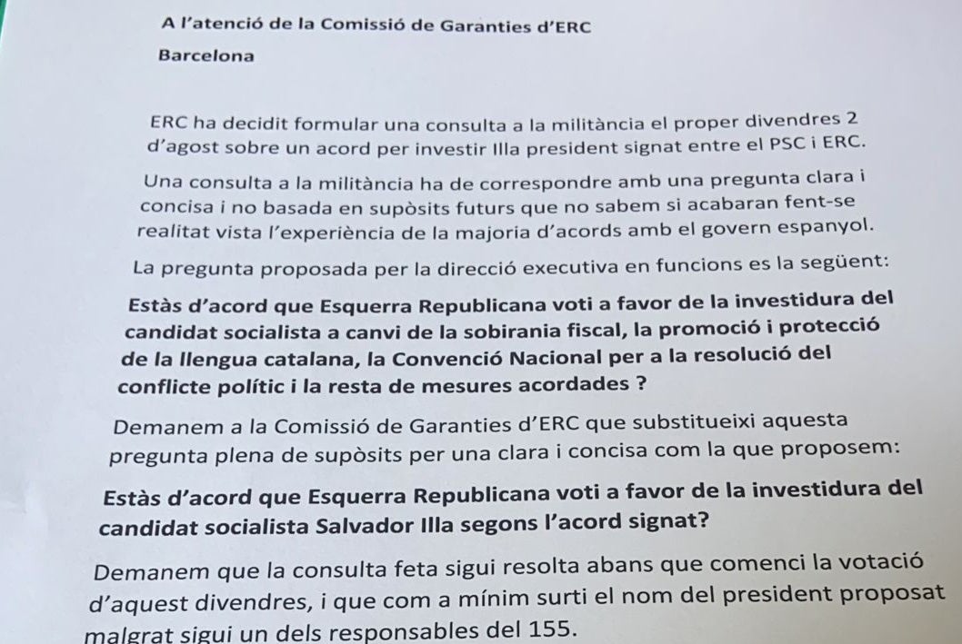 Parto de la consulta presentada a ERC por la reformulación de la pregunta al referéndum interno sobre investir Isla o no/QS