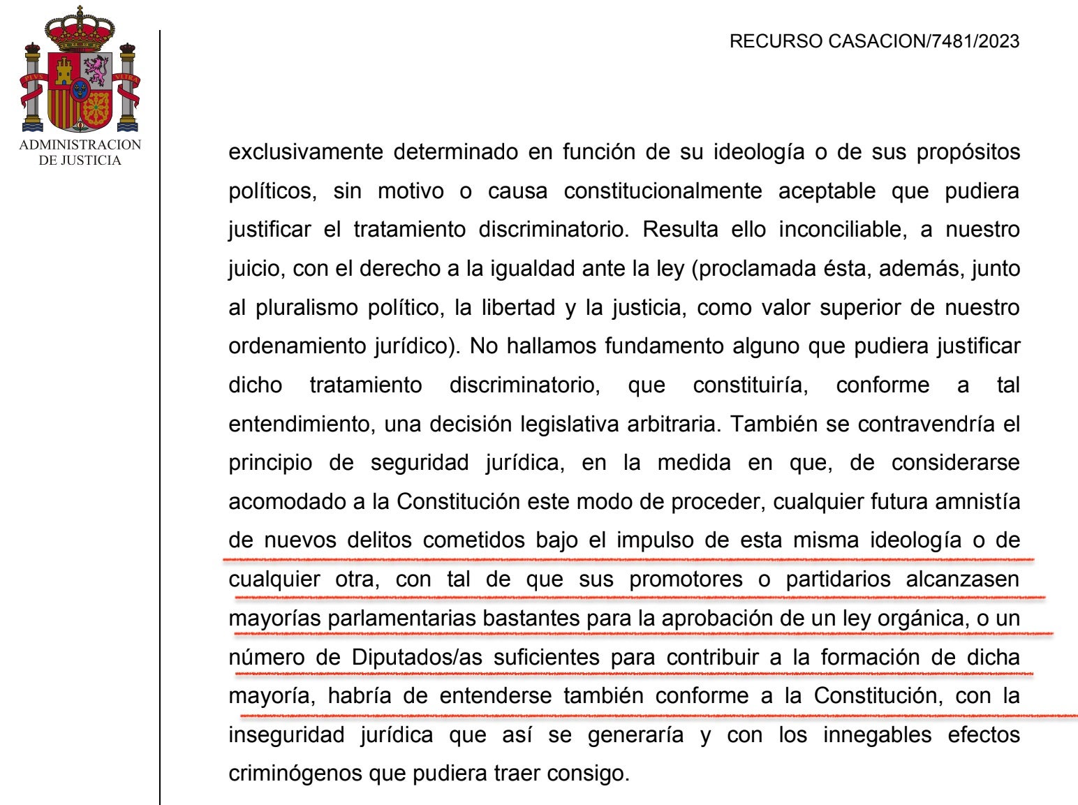 Part de la interlocutòria on justifica el dubte de les majories parlamentàries