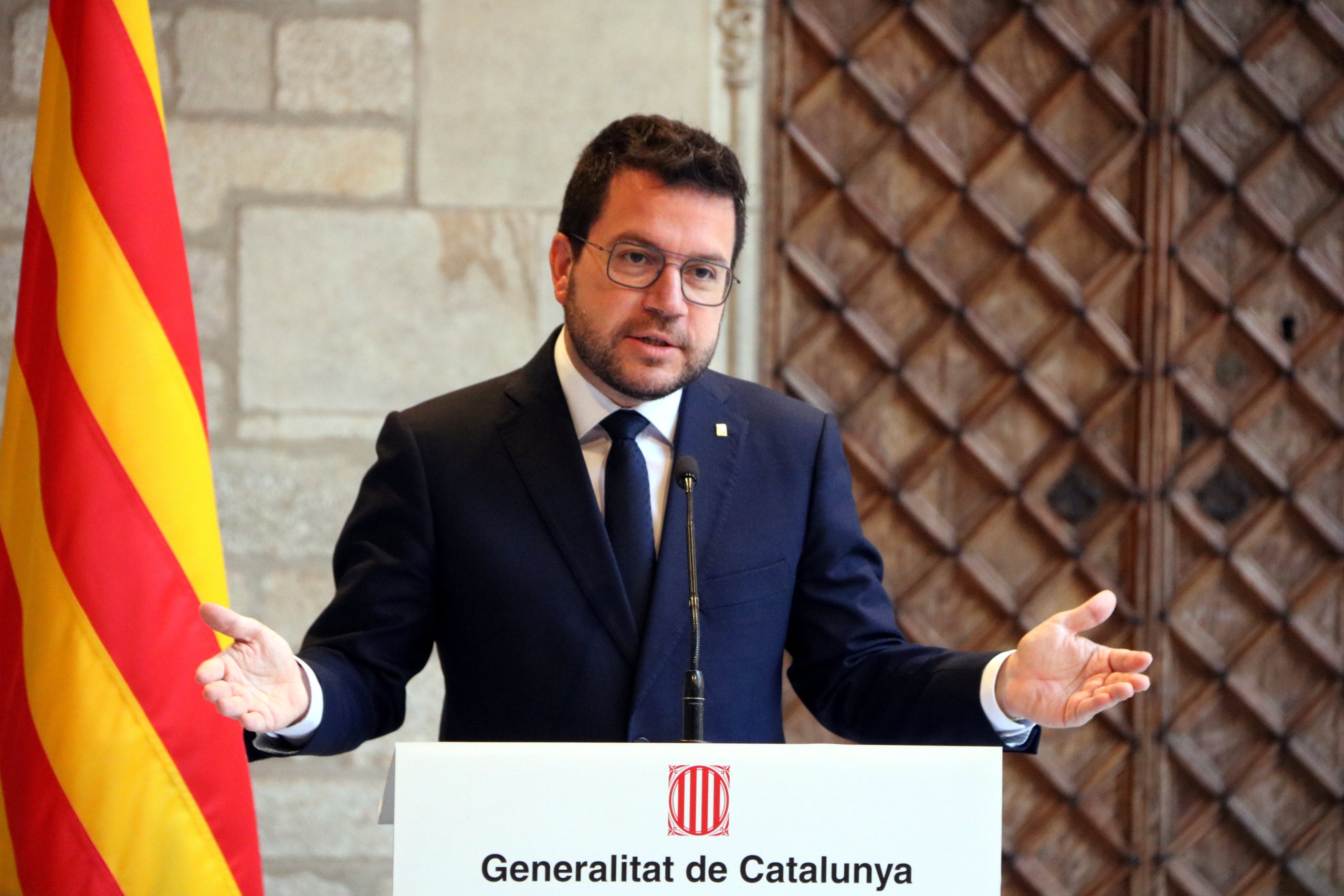 El president de la Generalitat, Pere Aragonès, en la compareixença a la galeria Gòtica de Palau / Jordi Bataller / ACN