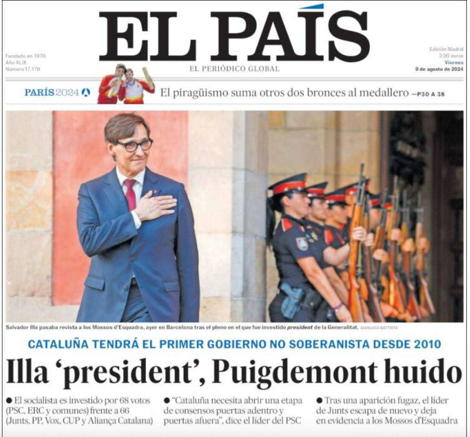 Portada d'El País del 9 d'agost del 2024