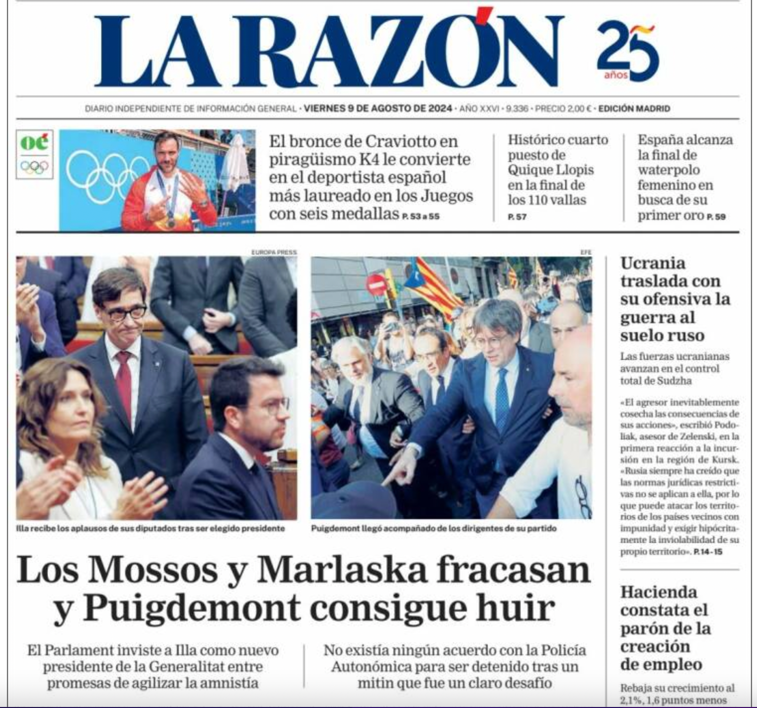 Portada de La Razón del 9 d'agost del 2024
