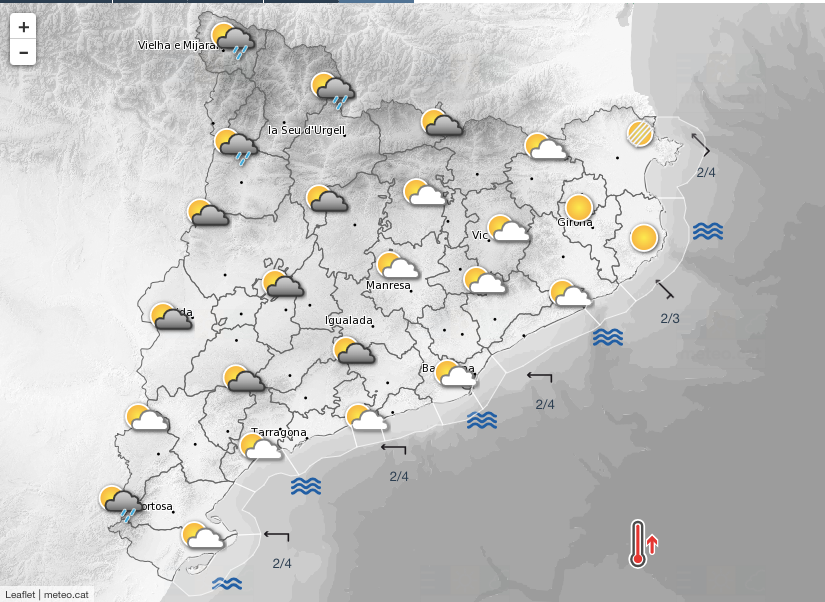 Imagen de la Cataluña dividida. La parte oeste vivirá algunos chubascos, mientras la parte este continuarán disfrutando de los días de sol / Meteocat