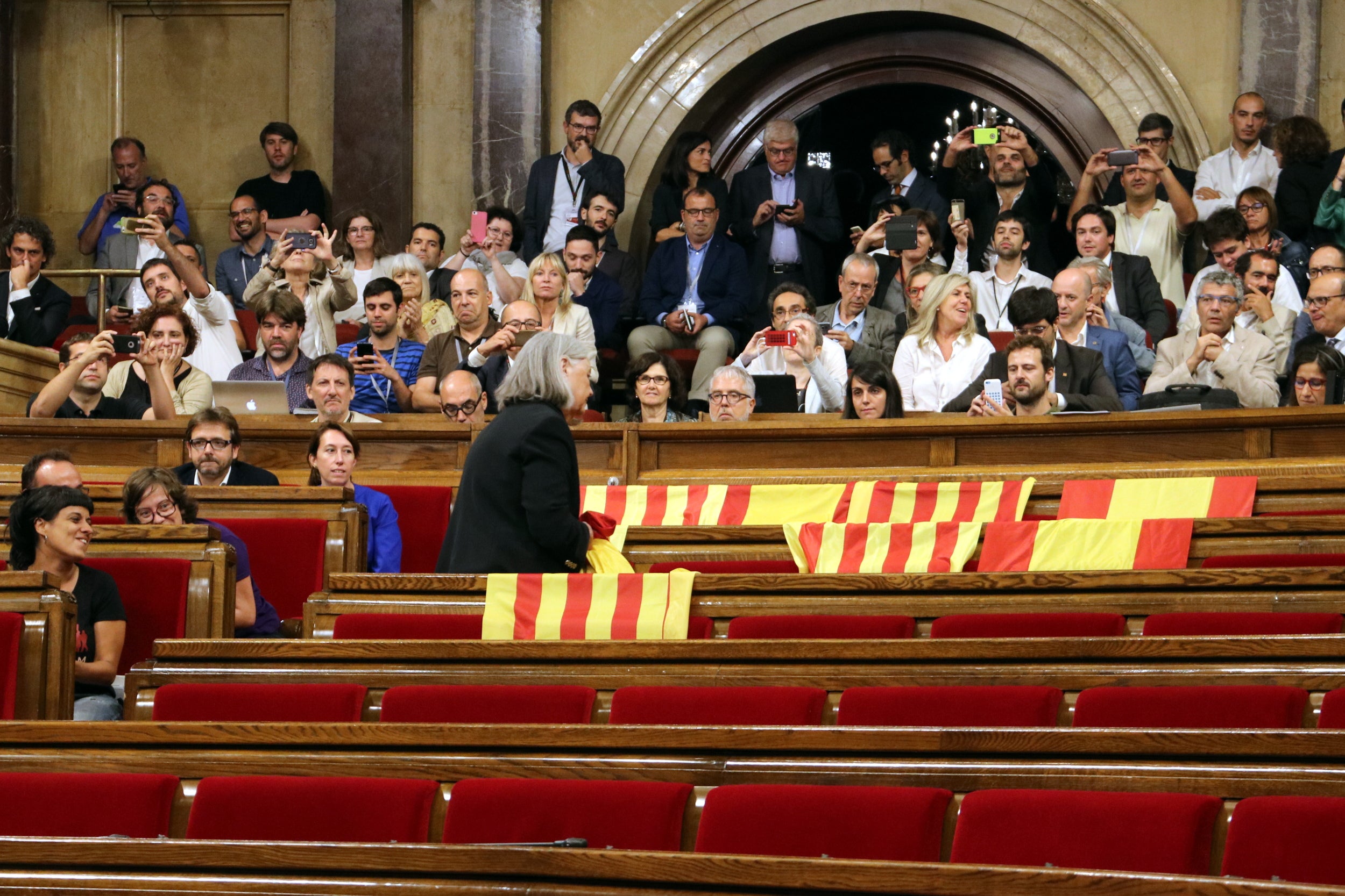 Àngels Martínez Castells, de Cataluña Sí que se Puede, saca las banderas españolas que han dejado al hemiciclo los parlamentarios del PPC, el 6 de septiembre del 2017 (horizontal) / ACN