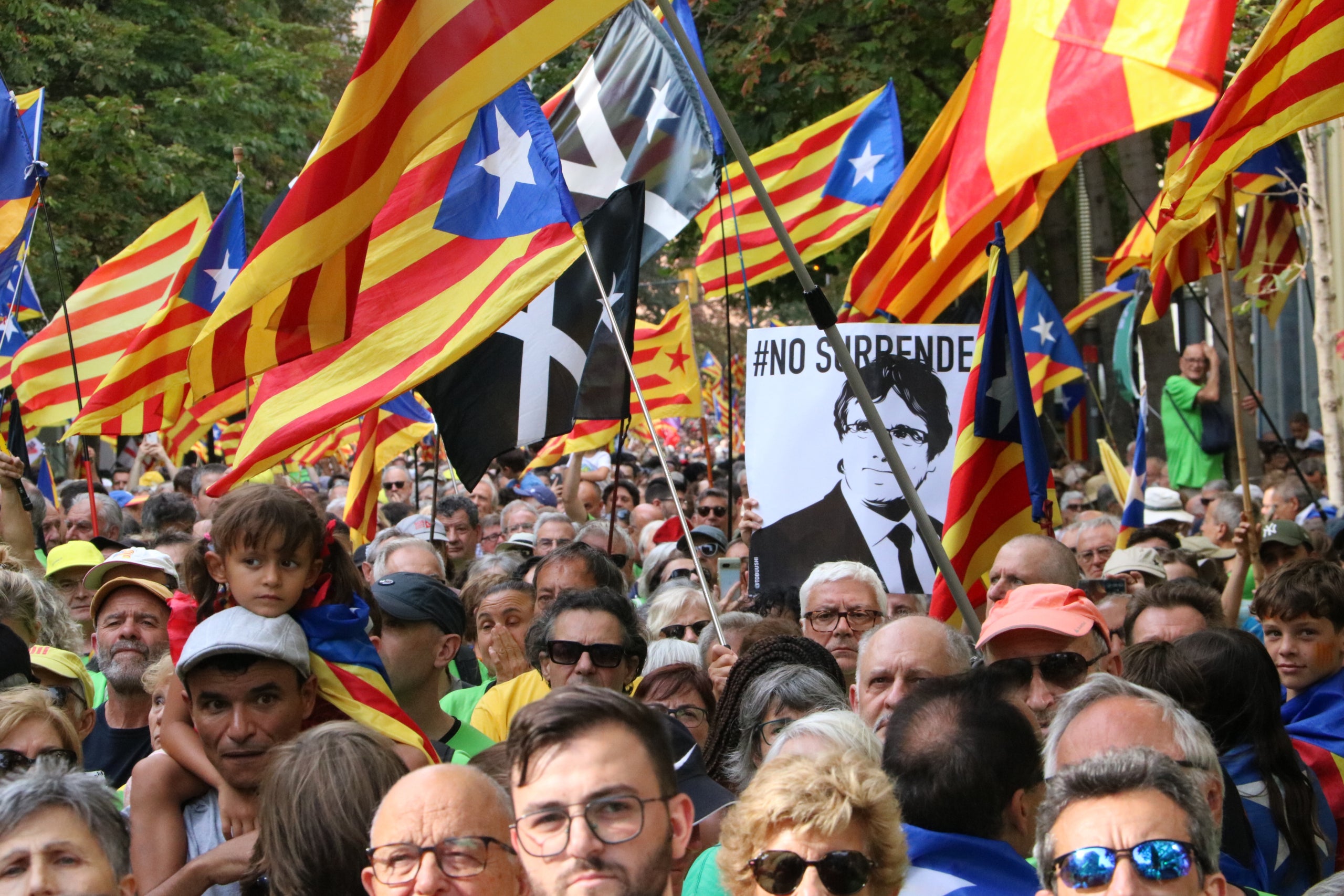 Pla mitjà de la concentració amb una pancarta amb Puigdemont | Gemma Tubert / Gerard Vilà (ACN)
