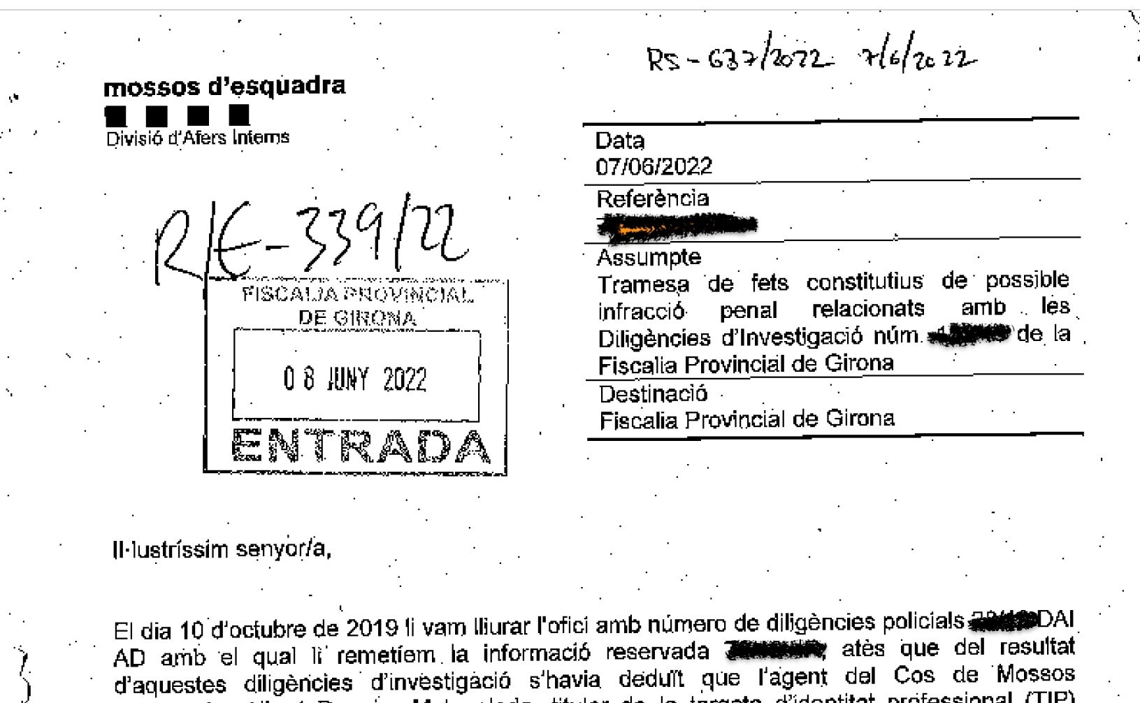 La capçalera de l'atestat dels Mossos d'Afers Interns contra Albert Donaire/Quico Sallés
