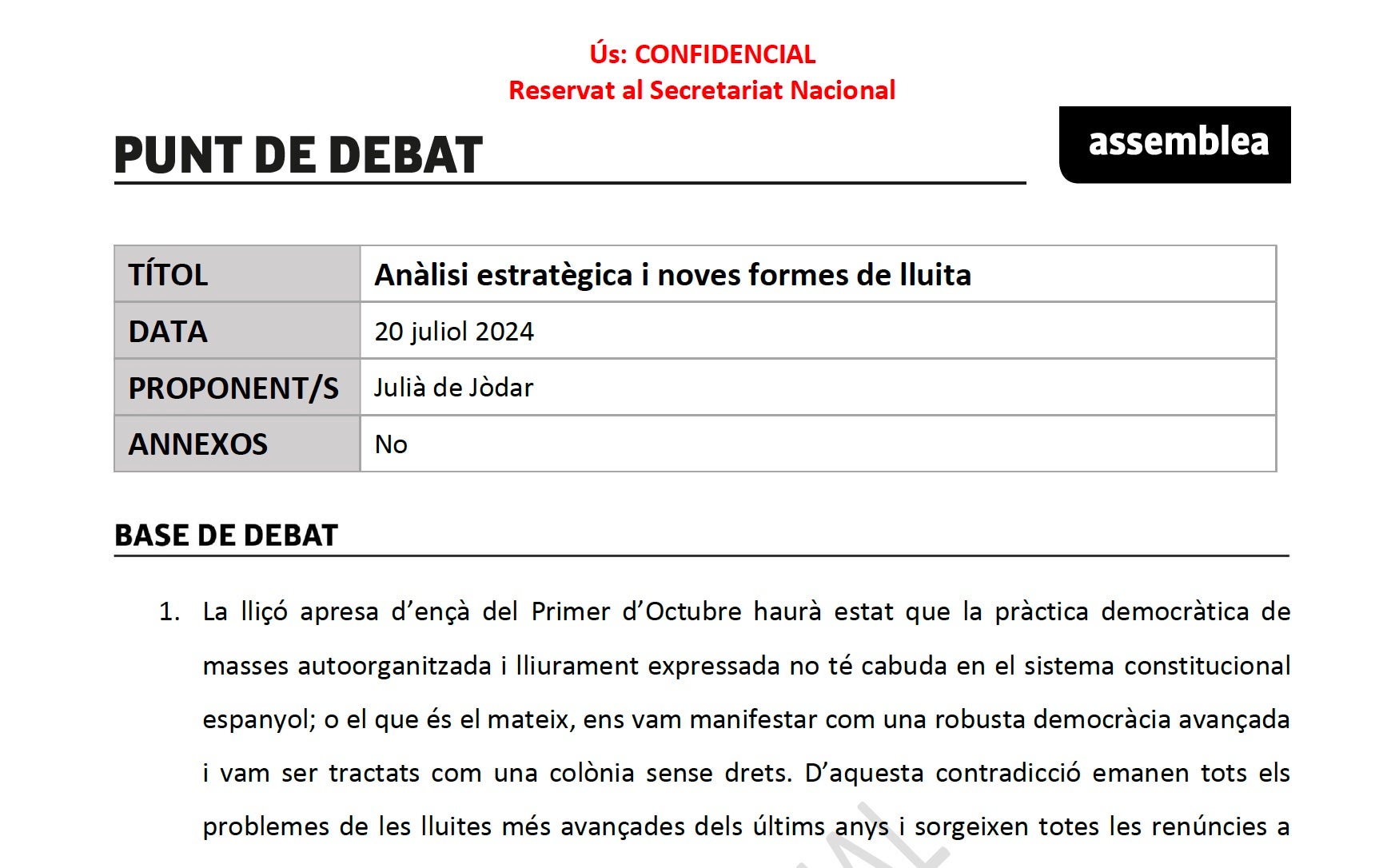 Part del document confidencial que ha debatut i aprovat el secretariat de l'ANC/Quico Sallés