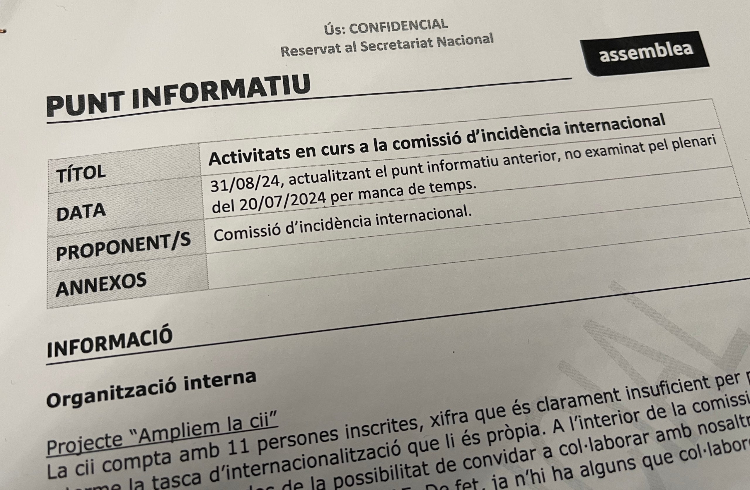 Parto del documento confidencial de la Comisión de Exteriores del ANC/Quico Sallés