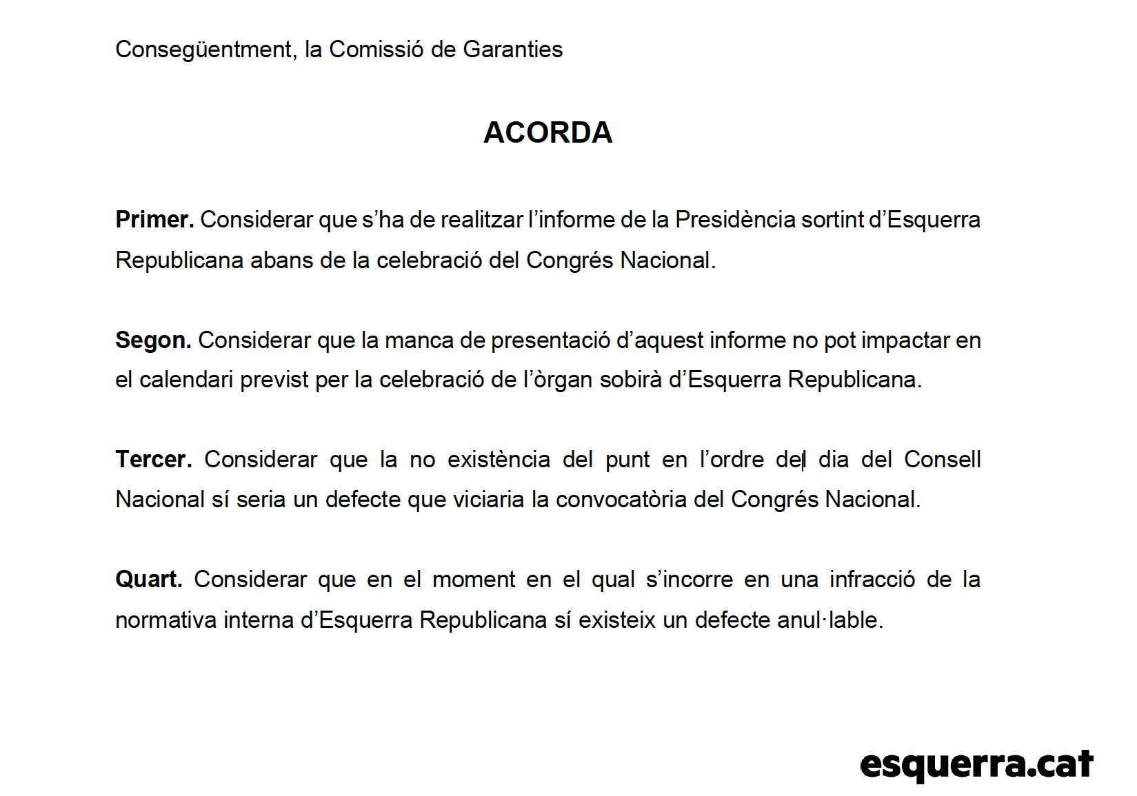 Part de la resolució de la comissió de garanties sobre les demandes de Joan Puig/Quico Sallés