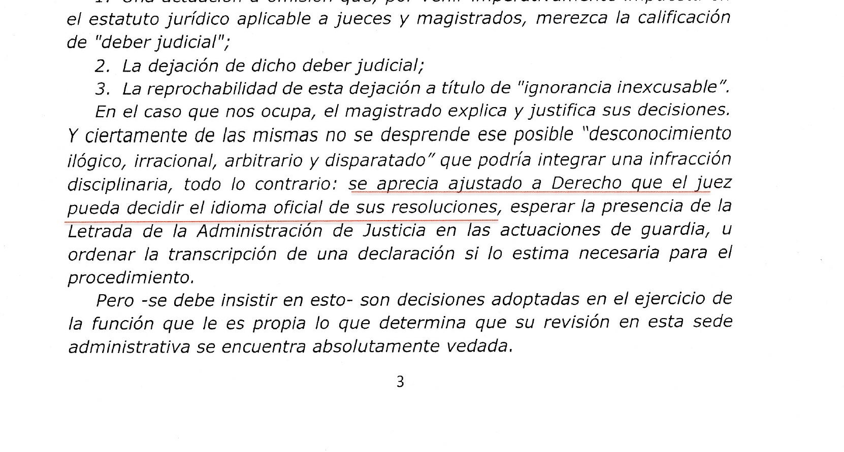 Una imatge de la resolució del CGPJ on justifica que el jutge es negui a signar resolucions en català/Quico Sallés