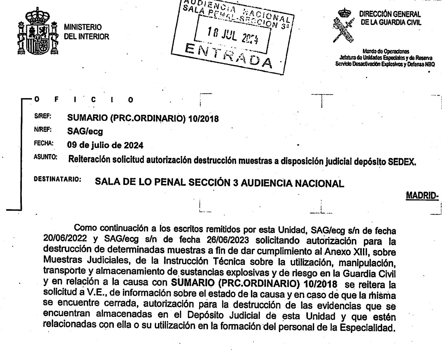 Oficio de la Guardia Civil que solicita destruir las pruebas del 17-A otra vez/Quico Sallés