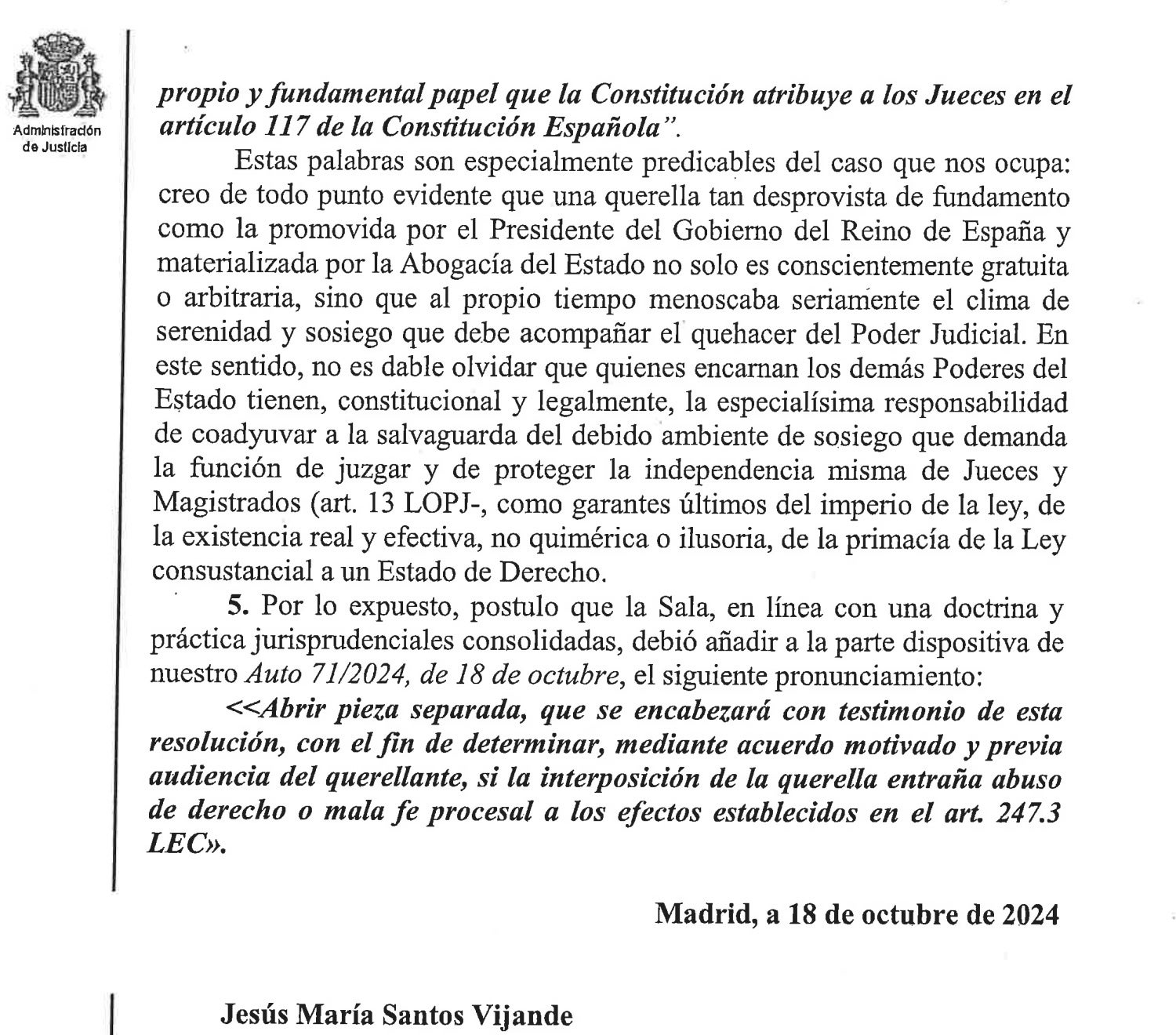 Part del vot particular que demana multar a Sánchez per temerari/QS
