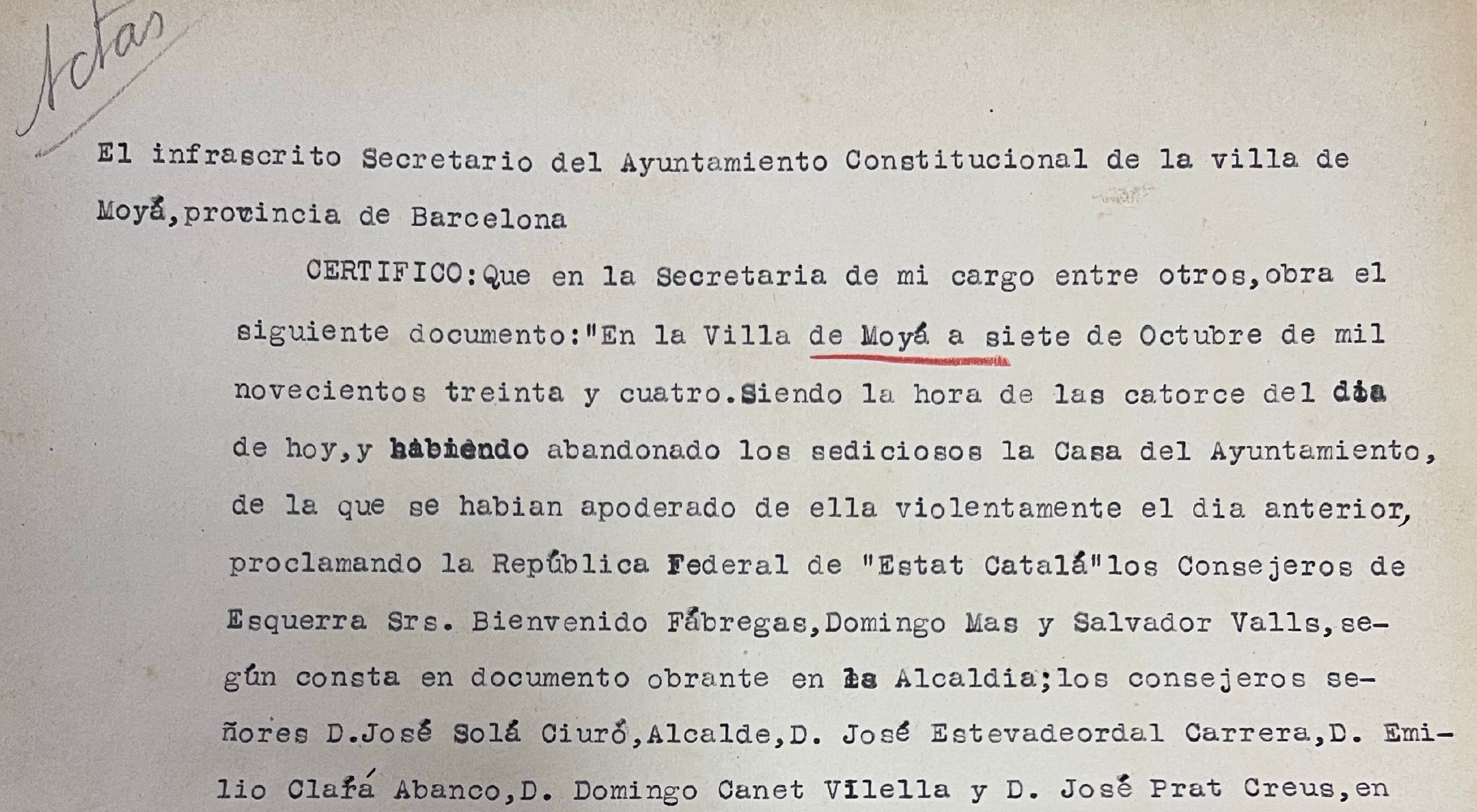 Part de l'acta de l'Ajuntament de Moià sobre el relleu i la marxa dels sediciosos per ser favorables al pronunciament de Lluís Companys el 6 d'octubre de 1934/Arxiu Pirenaic Intermedi Militar