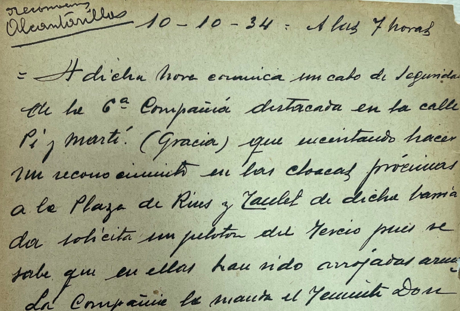 Un dels informes sobre les sospites de moviments independentistes a les clavegueres durant els fest d'octubre de 1934/Arixu Intermedi Militar Pirenaic