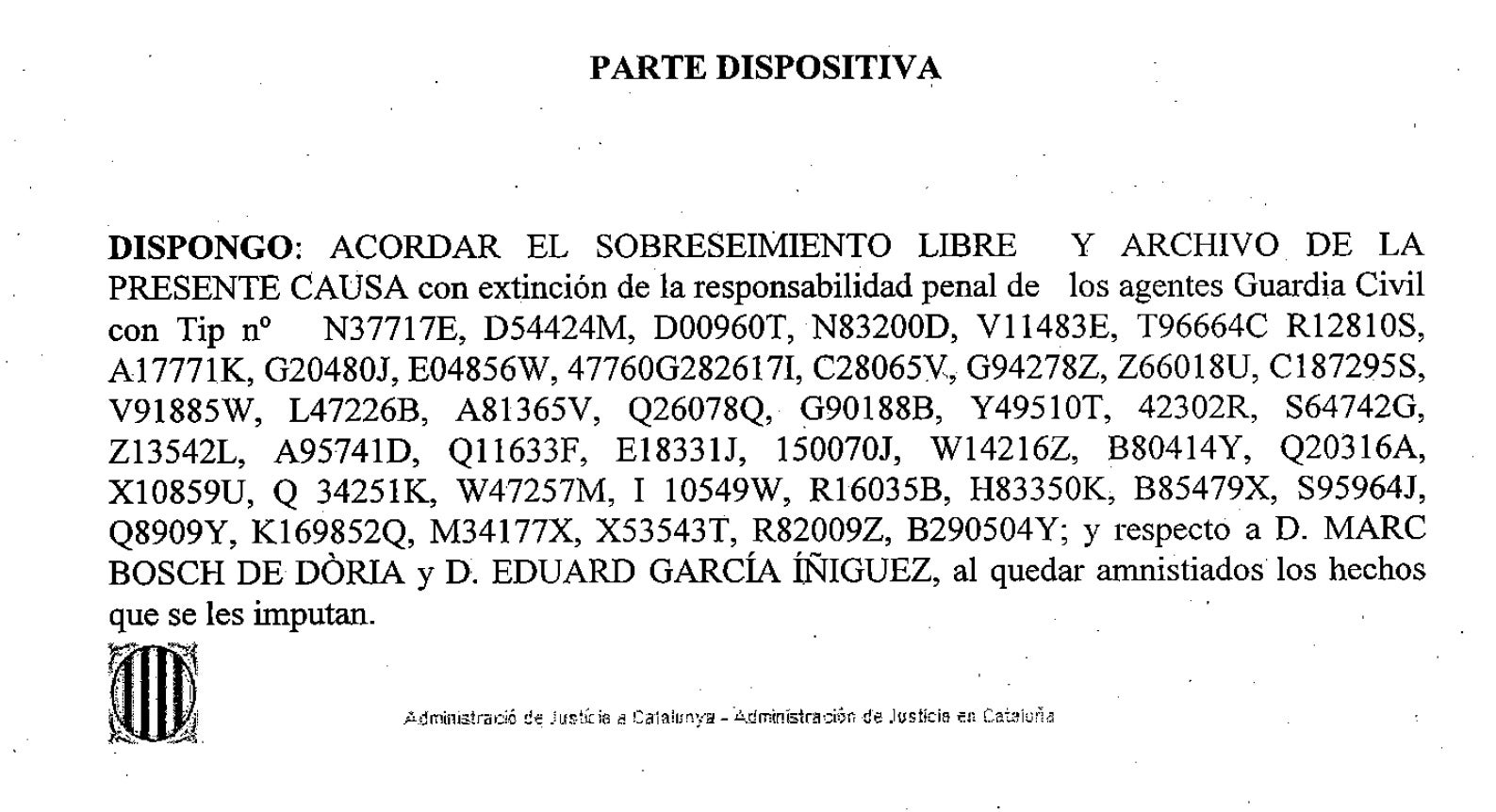 Part dispositiva de la interlocutòria d'aplicació de l'amnistia als guàrdies civils que van actuar a Dosrius/Quico Sallés