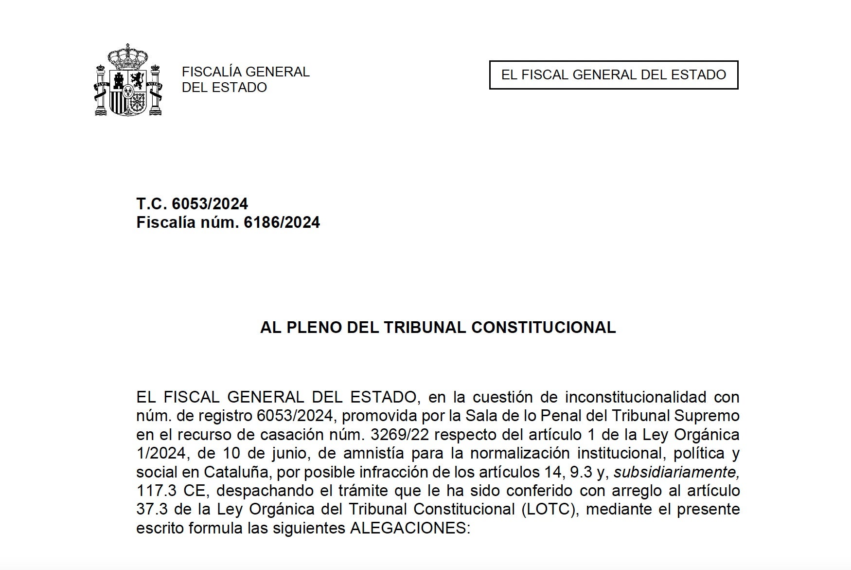 Capçalera de les al·legacions de la Fiscalia davant la qüestió d'inconstitucionalitat del Suprem contra l'aplicació de la llei d'amnistia/QS