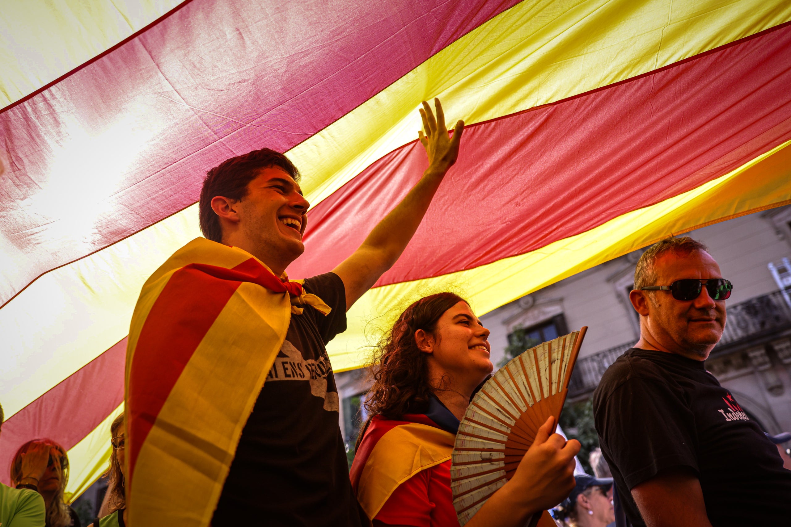 Manifestants coberts per una gran estelada, a la mobilització independentista a Barcelona amb motiu de la Diada del 2024 / Jordi Borràs / ACN