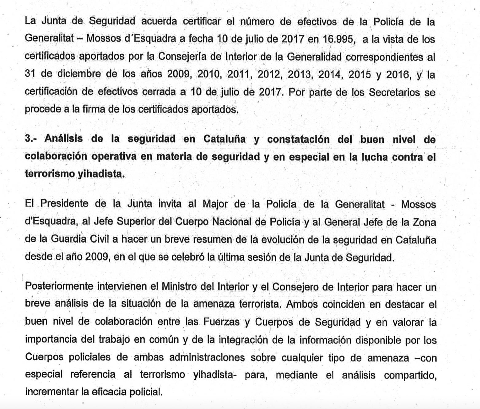 Part de l'acta de la Junta de Seguretat celebrada quatre setmanes abans dels atemptats/Quico Sallés