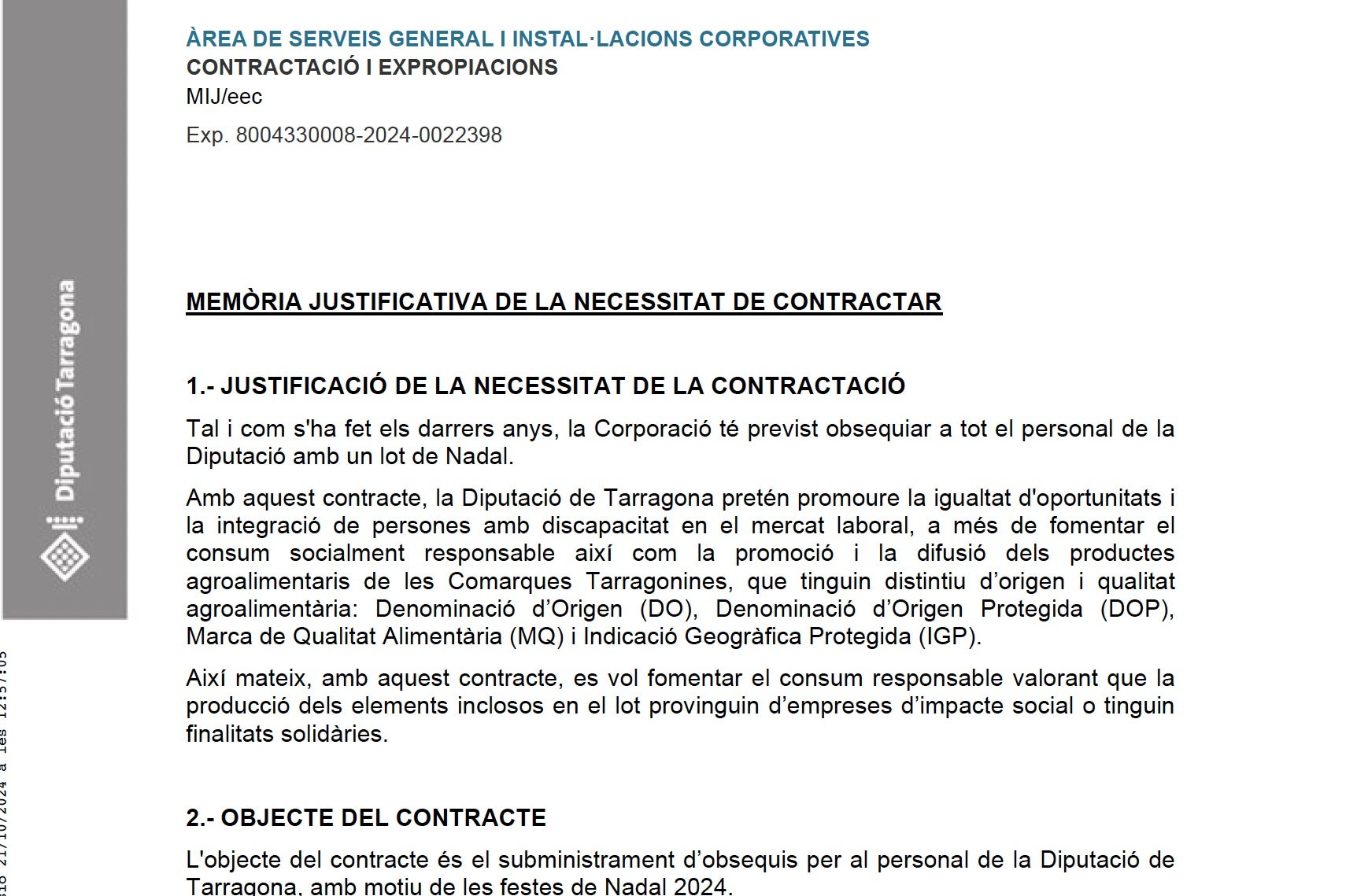 Part de la memòria justificativa de la compra de lots de Nadal a la Diputació de Tarragona/QS