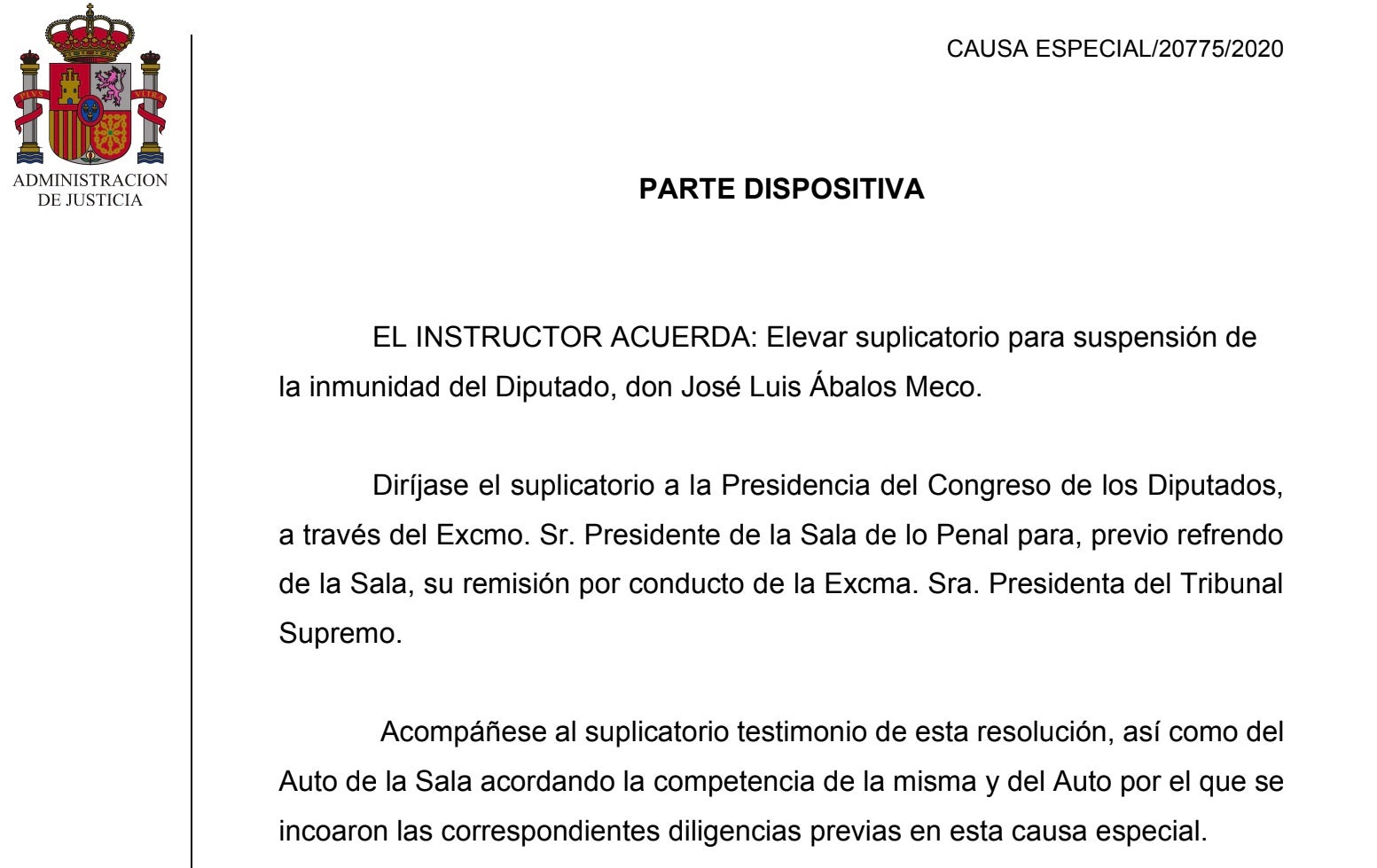 Parte dispositiva de la resolución de Ábalos pidiendo su suplicatorio/QS