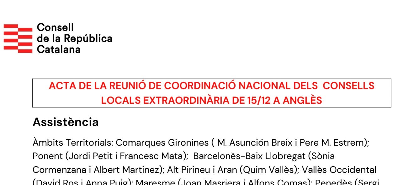 Capçalera de l'acta de la trobada territorial del Consell de la República/QS
