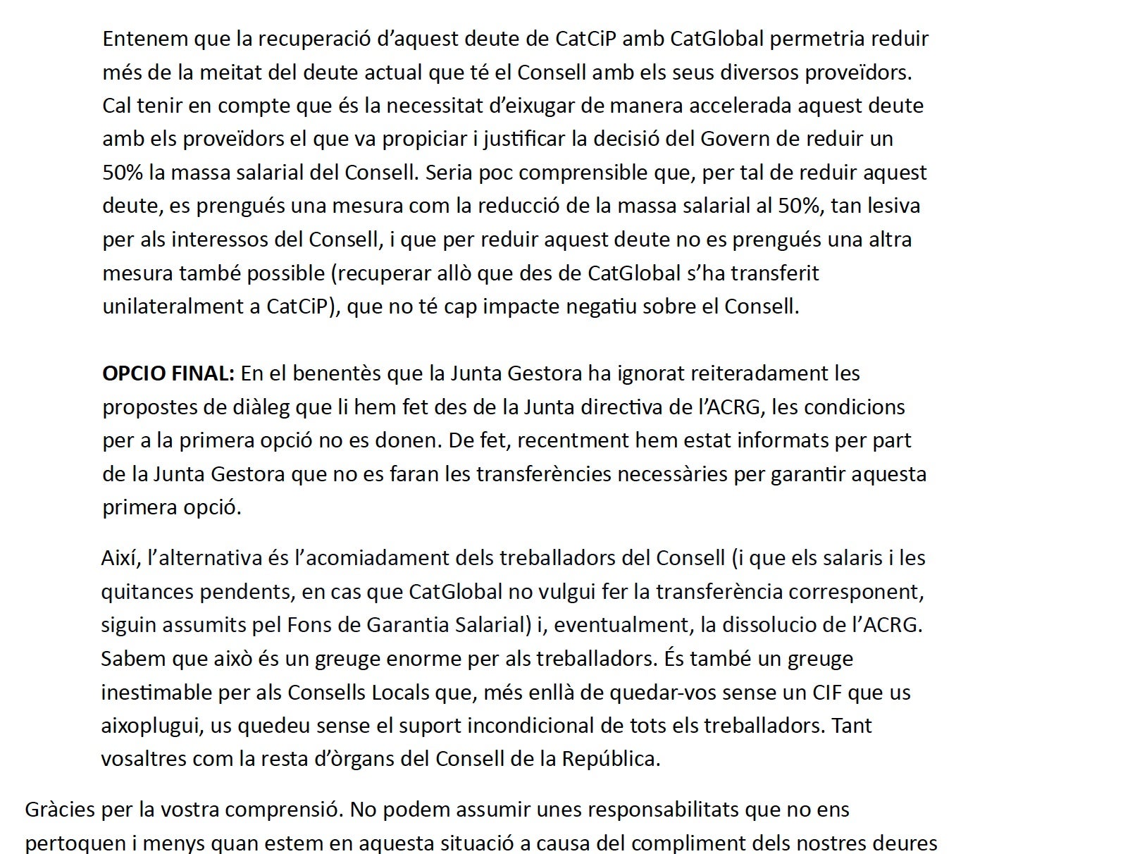 Part de la carta remesa per ACRG als consells locals/Quico Sallés