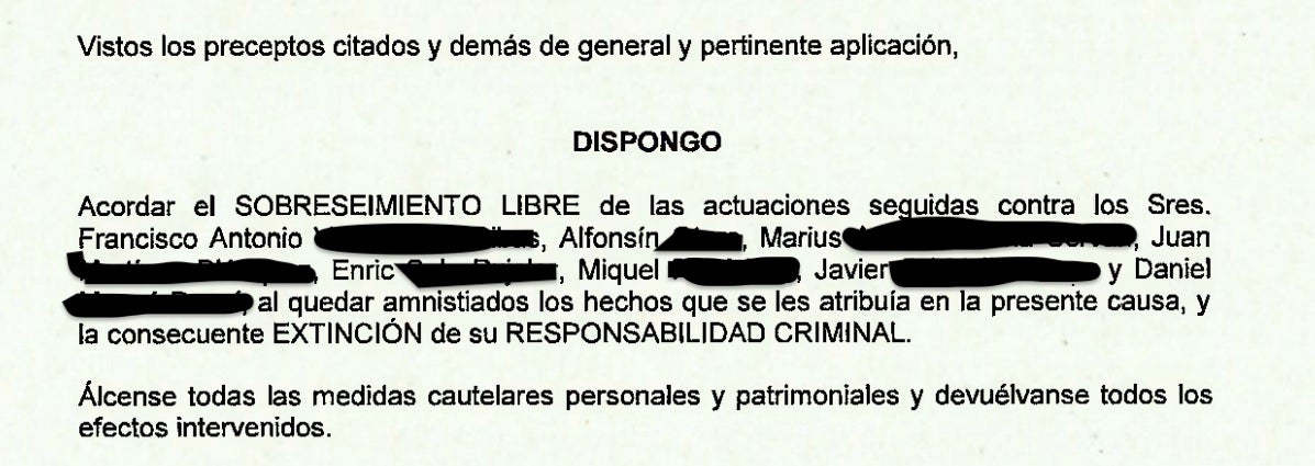 Part dispositiva de la interlocutòria que amnistia els bombers de Girona/QS