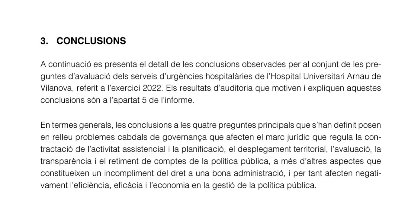 Conclusions de l'Informe de les urgències de l'Arnau de Vilanova i el seu servei d'urgències