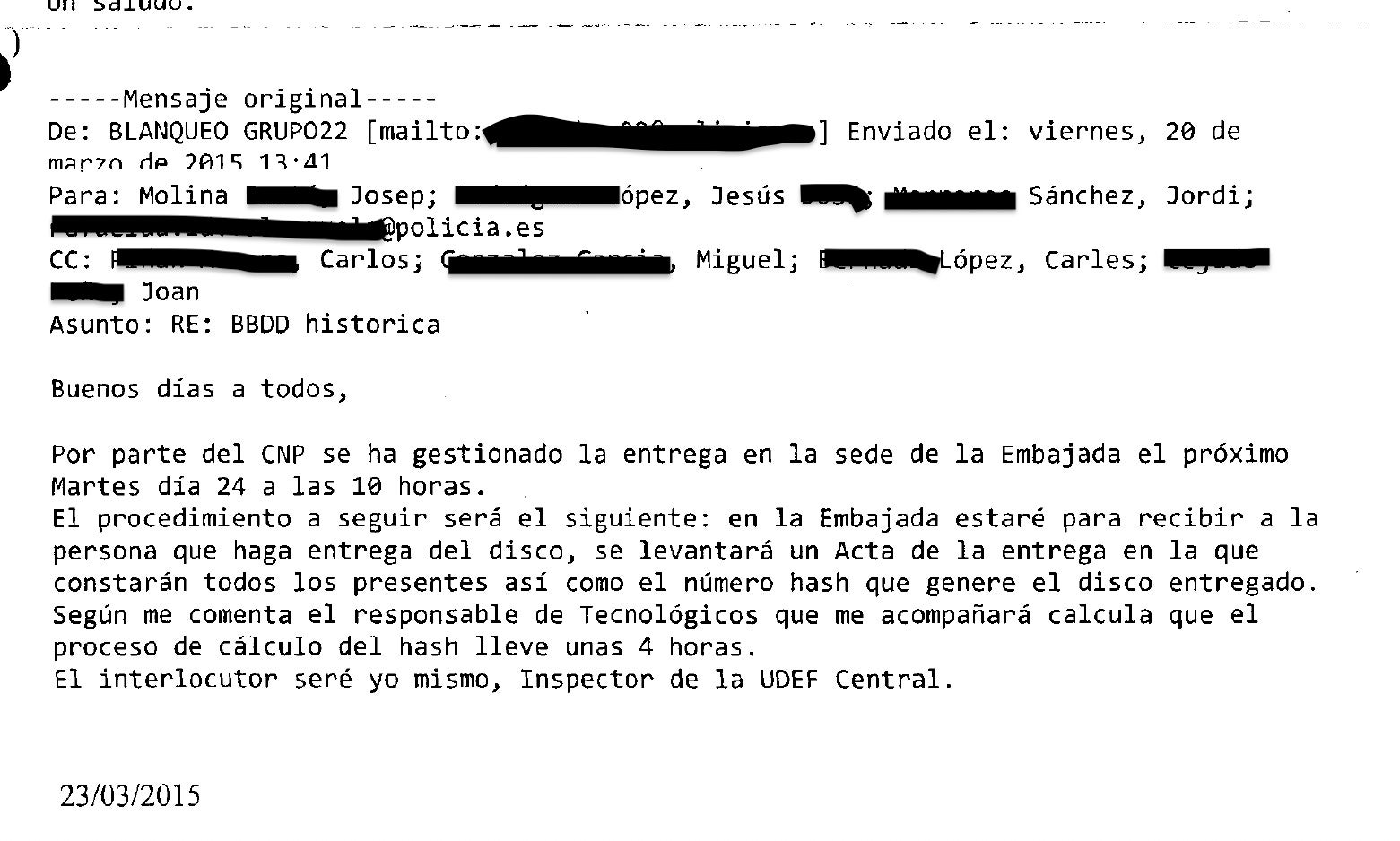Mail del Grup 22 donant instruccions als executius del Banc per donar les dades de la BPA/QS