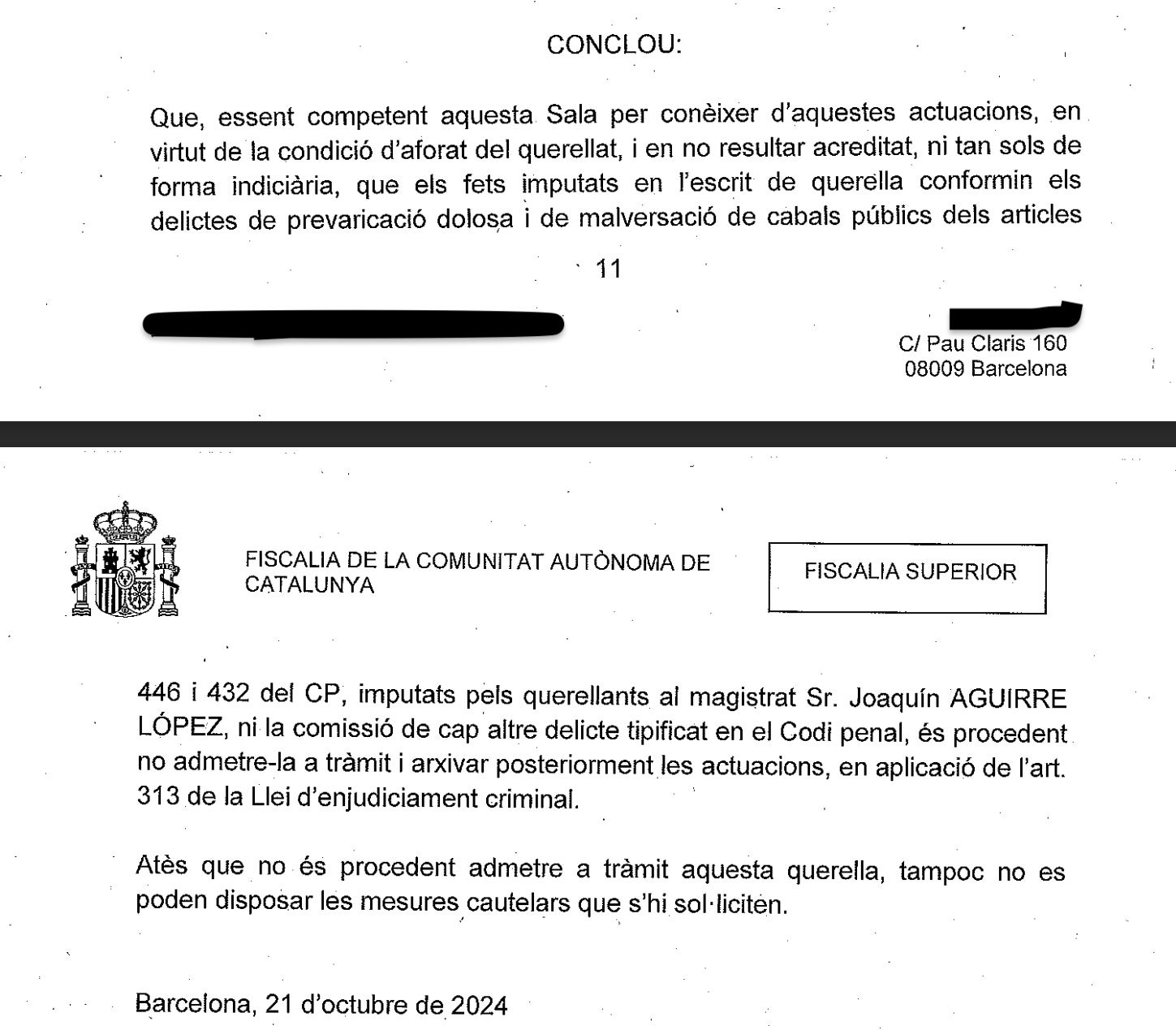 Part de l'escrit de Fiscalia per demanar l'arxivament de la querella contra el jutge Aguirre/Quico Sallés