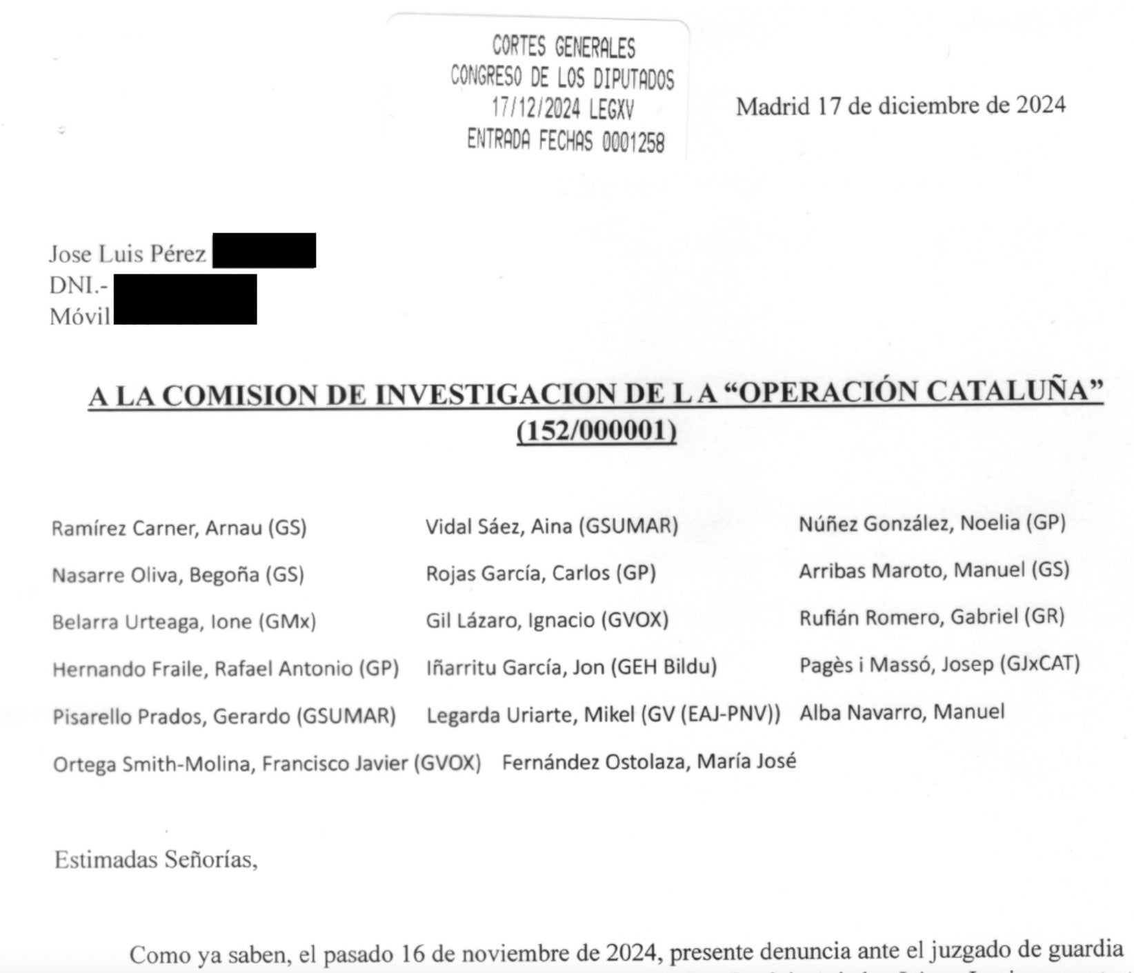 Part del document registrat al Congrés de Diputats/QS
