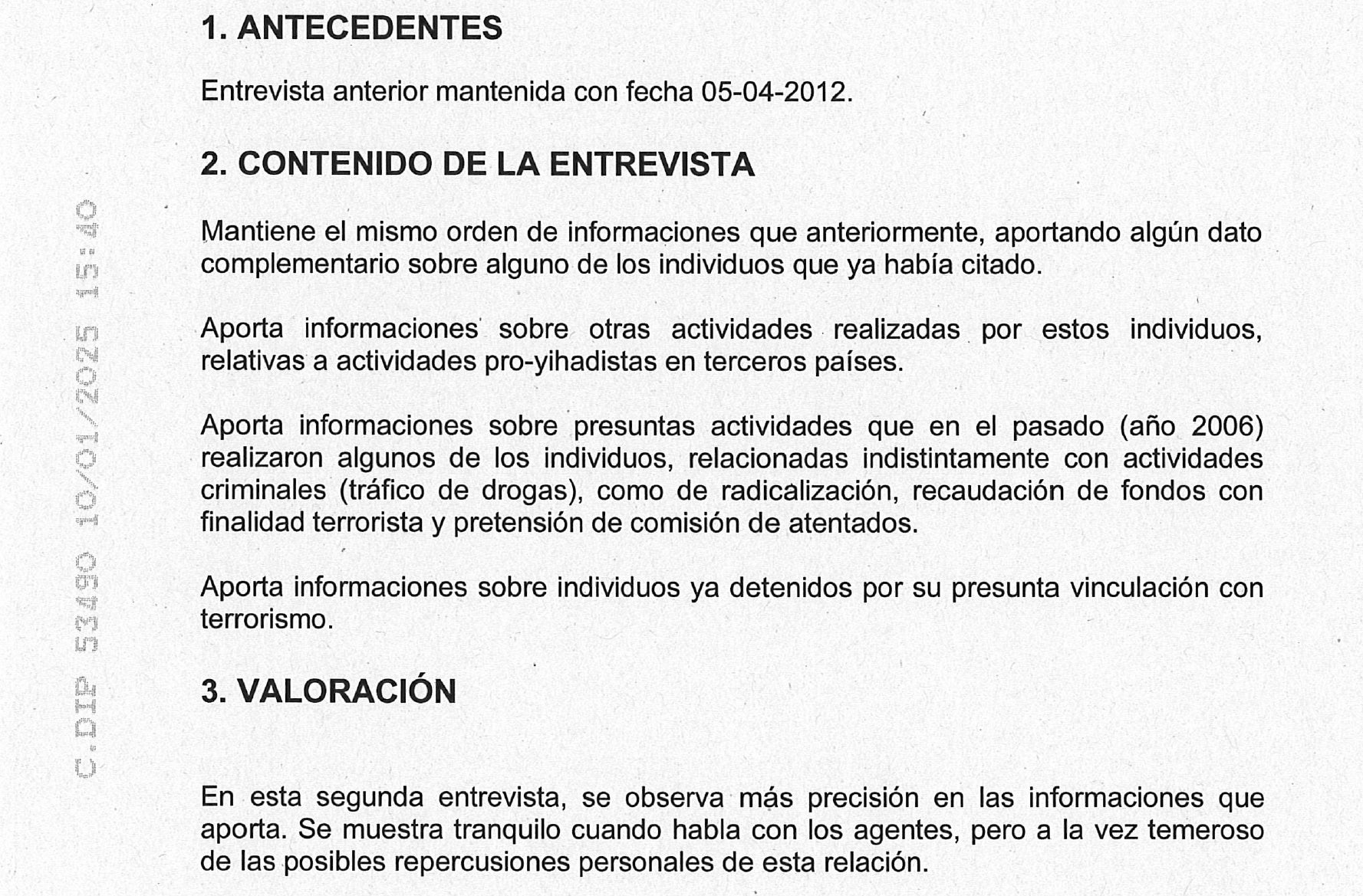 Parte de uno de los informes de la Guardia Civil aportados a la comisión y desclasificados que aportan luz sobre la relación del imán con los servicios de Información del Estado/Quico Sallés