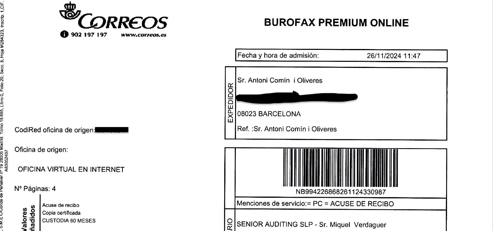 Cabecera del Burofax Premium que envió Comín para amenazar al auditor/QS