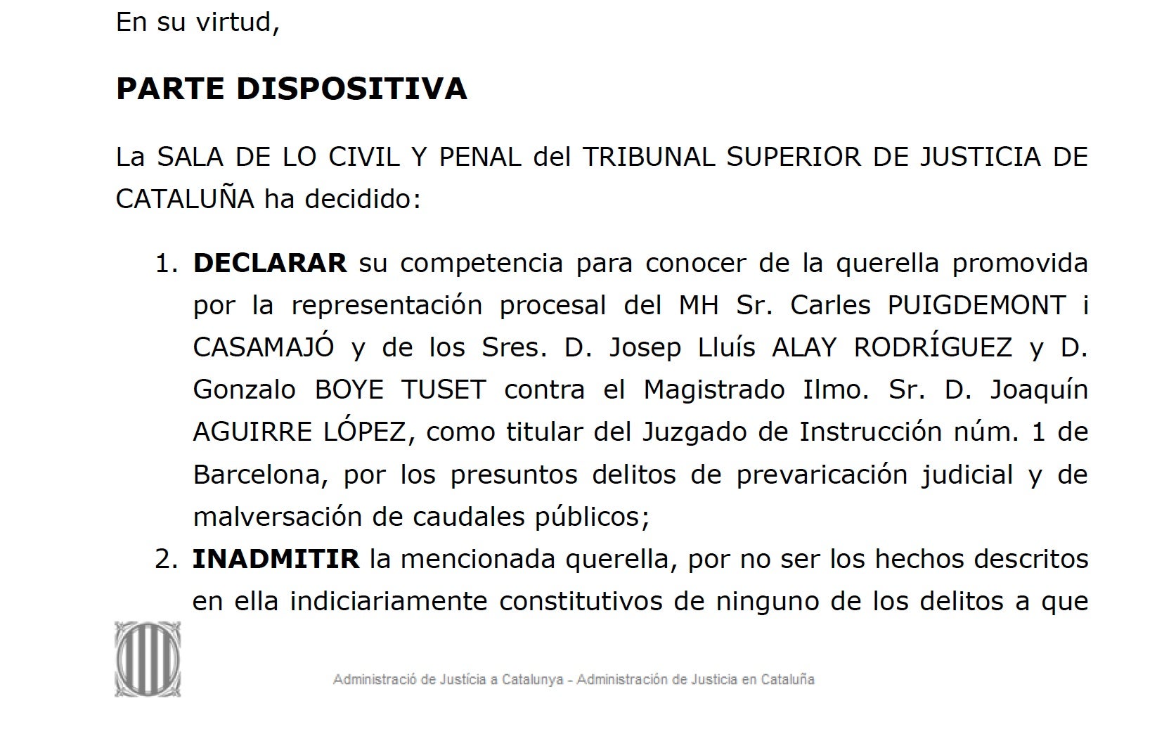 Part dispositiva de la resolució que arxiva la querella contra el jutge Aguirre presentada per Puigdemont