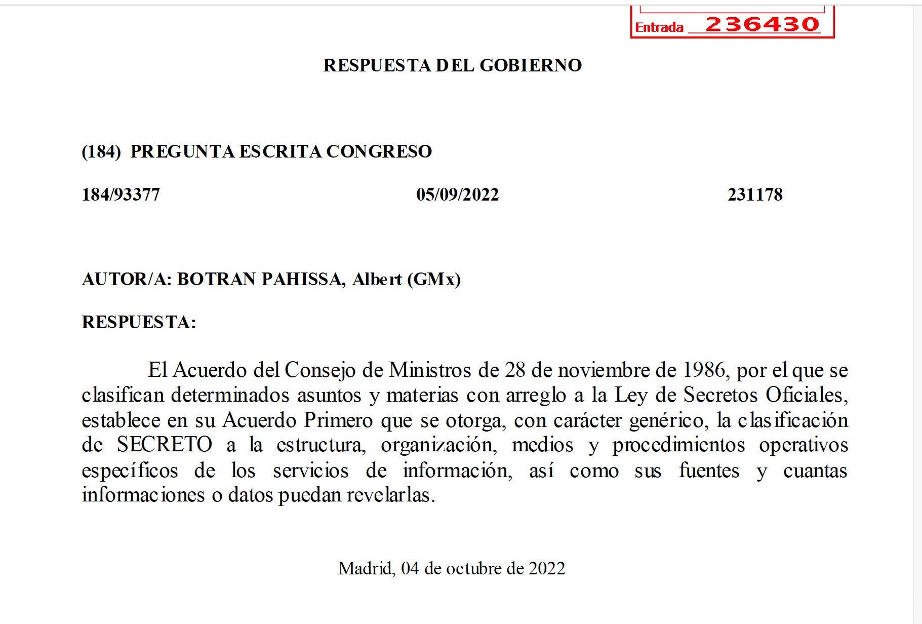 La resposta parlamentària sobre el material de Gambín considerat Secret