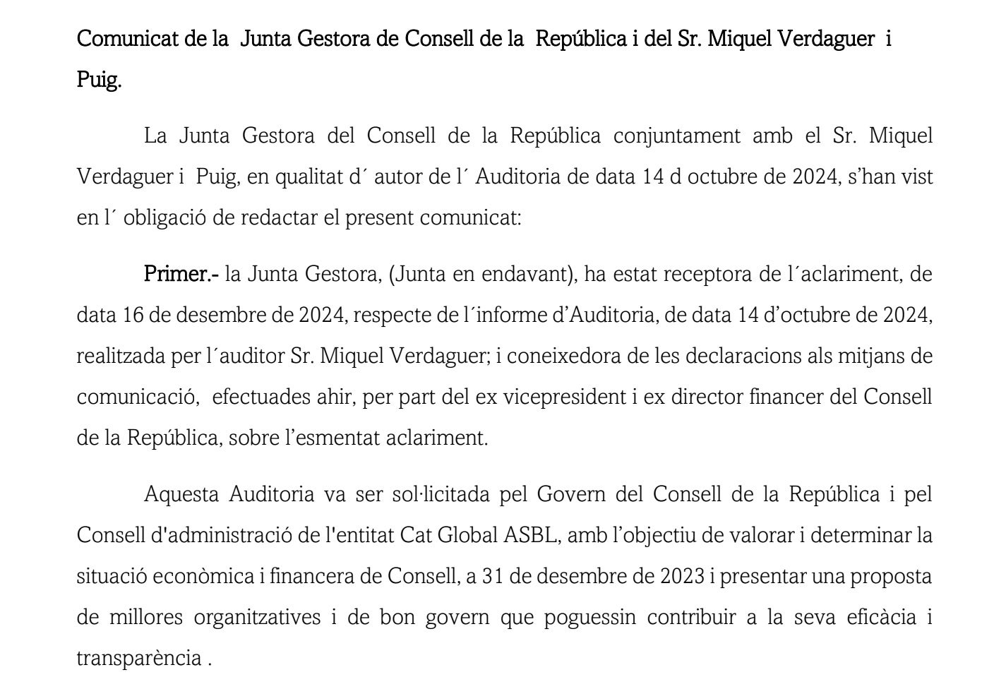 Capçalera del comunicat sobre l'esmena tècnica de Comín al Consell de la República/QS