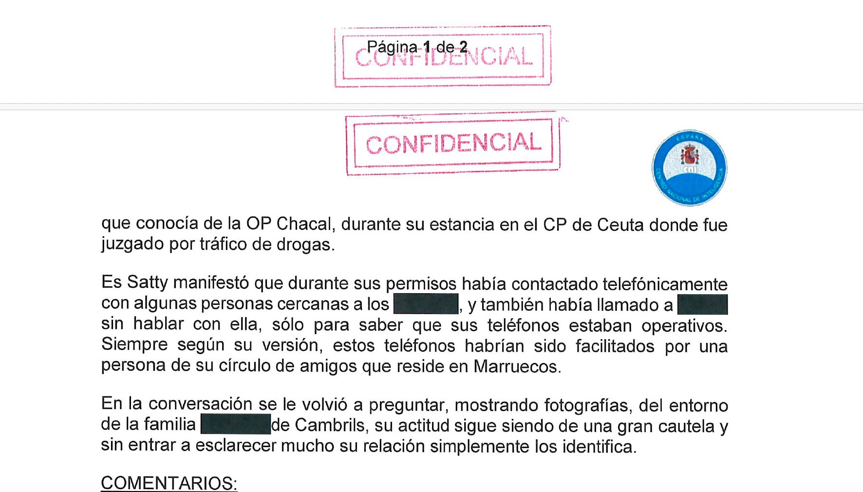 Parte de uno de los informes de recopilación de información que el CNI hizo sobre las entrevistas con el imán/Quico Sallés
