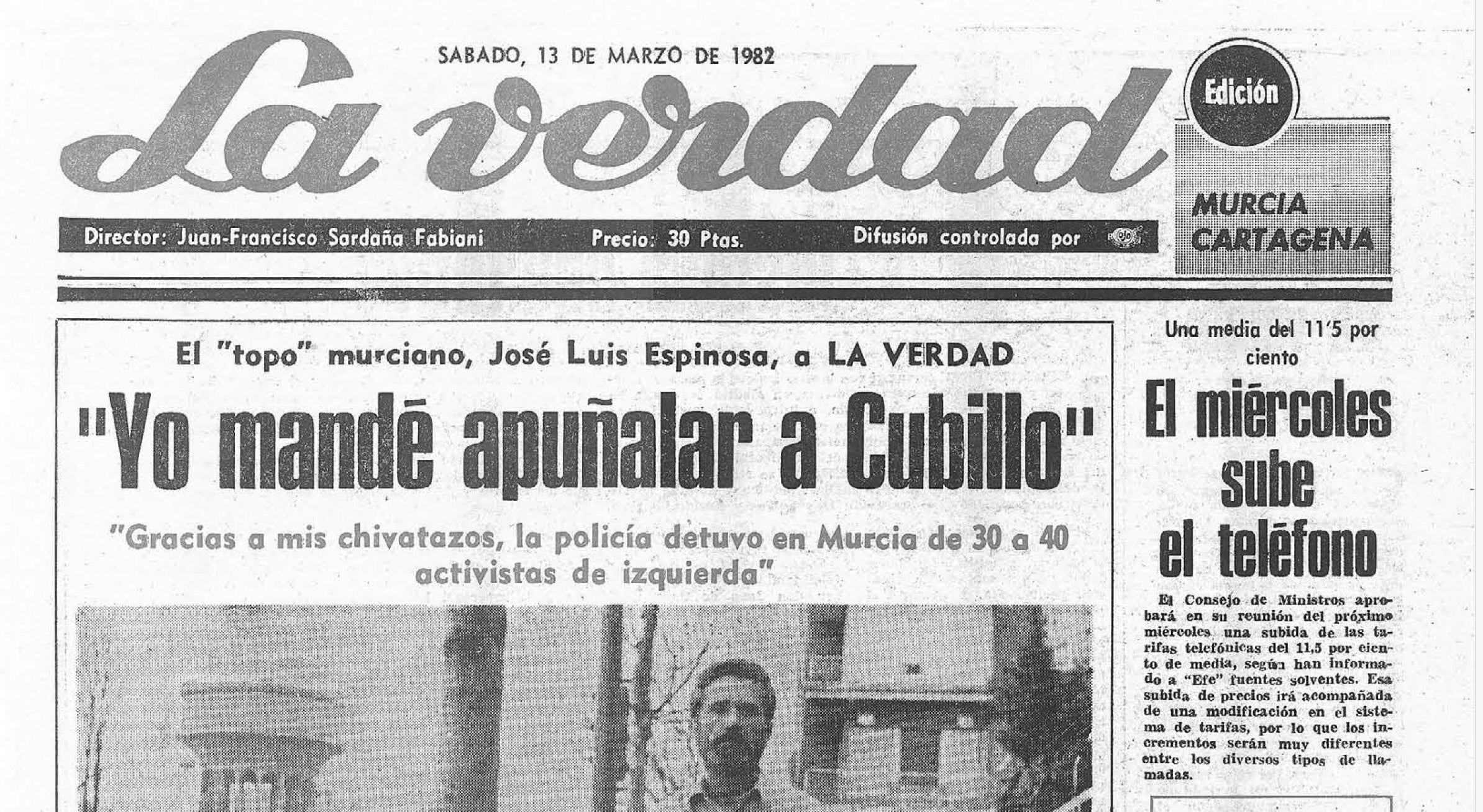 Portada de La Verdad de 1982 on Espinosa reconeix l'atemptat a Cubillo/La Verdad Hemeroteca