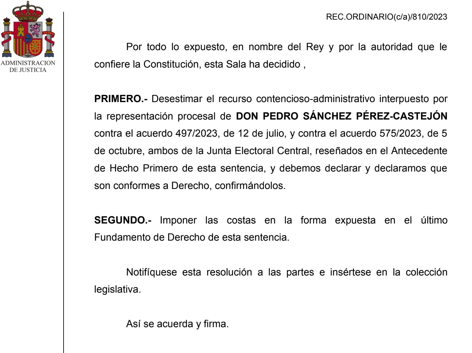 Part dispositiva de la sentència del Suprem que condemnat Pedro Sánchez a pagar 2.200 euros de multa