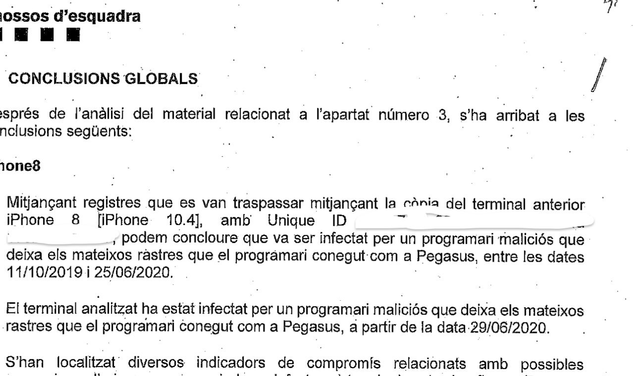 Part de l'informe dels Mossos que confirma la infecció amb Pegasus del telèfon d'Alay/Quico Sallés