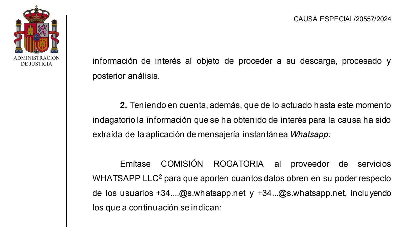 Part de la interlocutòria del jutge on demana informació Whatsapp i Google/QS