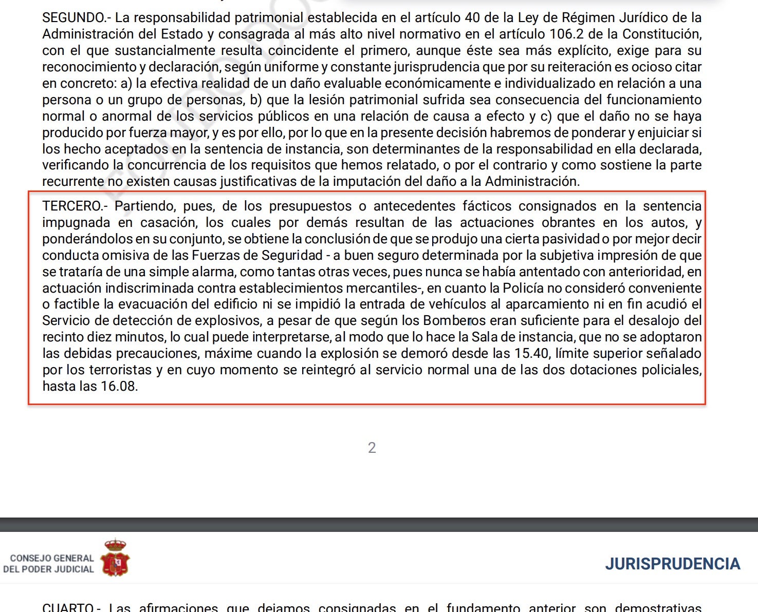 Part de la sentència del Suprem on admetia la negligència policial a l'atemptat d'Hipercor/CEDOJ