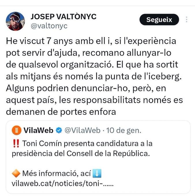El tuit de Valtònyc contra Comín. Hores després, el cantant ha buidat de contingut el seu compte de la xarxa X