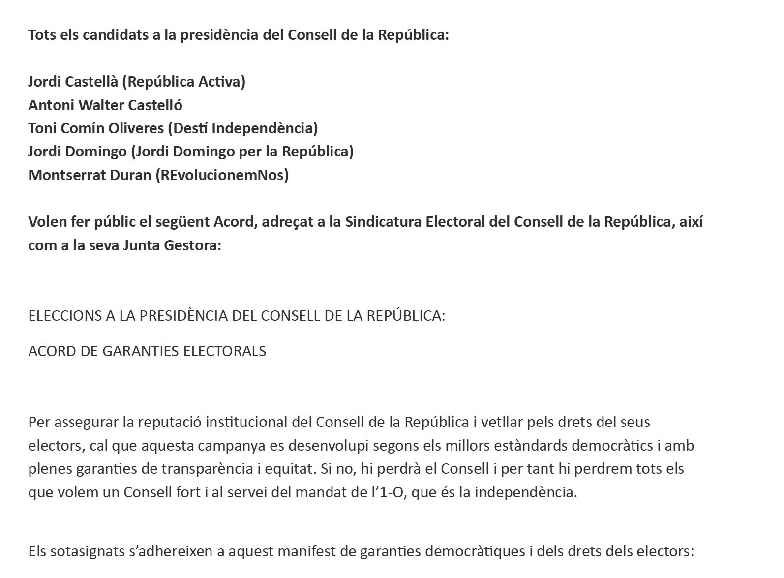 Document signat pels candidats a presidir el Consell de la República/QS
