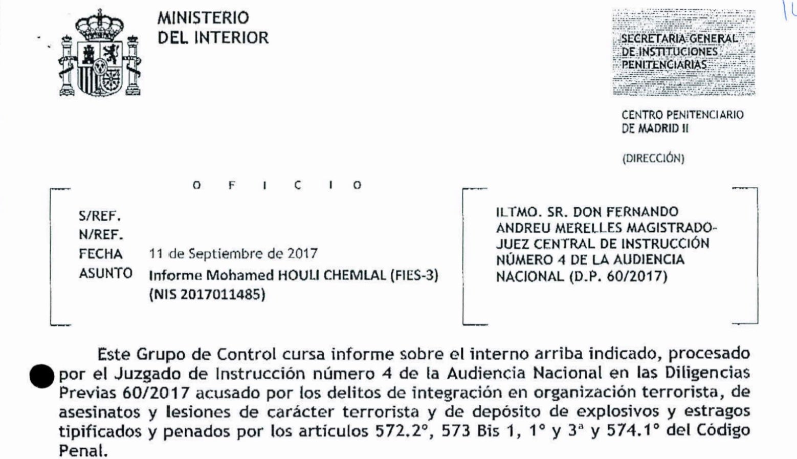 Capçalera de l'informe que fan a la presó sobre Houli i la seva versió dels fets a Alcanar/Quico Sallés
