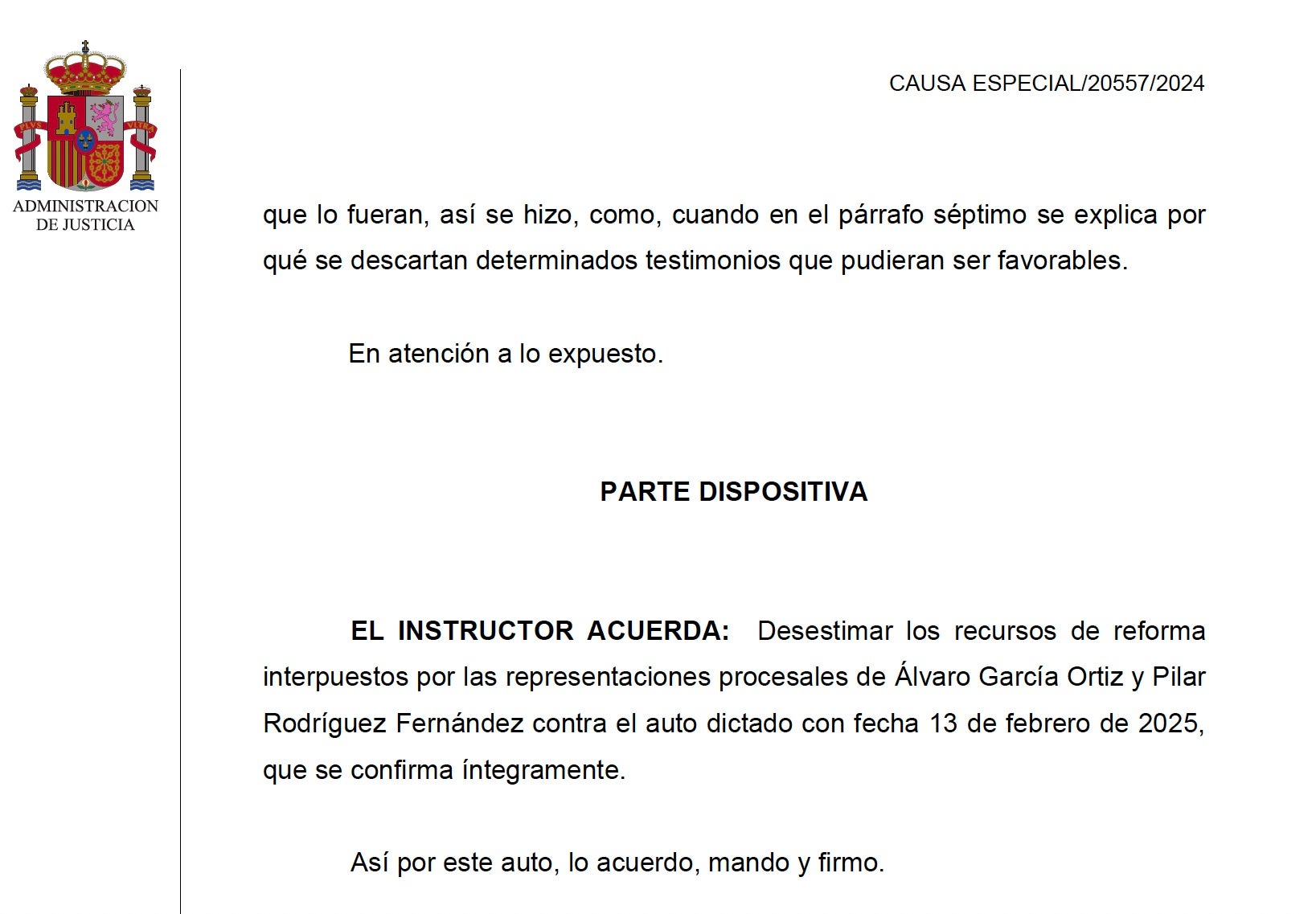 Parte dispositiva del auto que desestima el recurso de Álvaro García Ortiz/QS