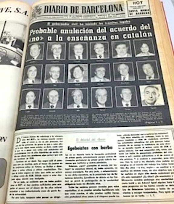 La portada del 'Diari de Barcelona' con los nombres y las fotos de los 18 concejales de Barcelona del 'no' al catalán en 1975 